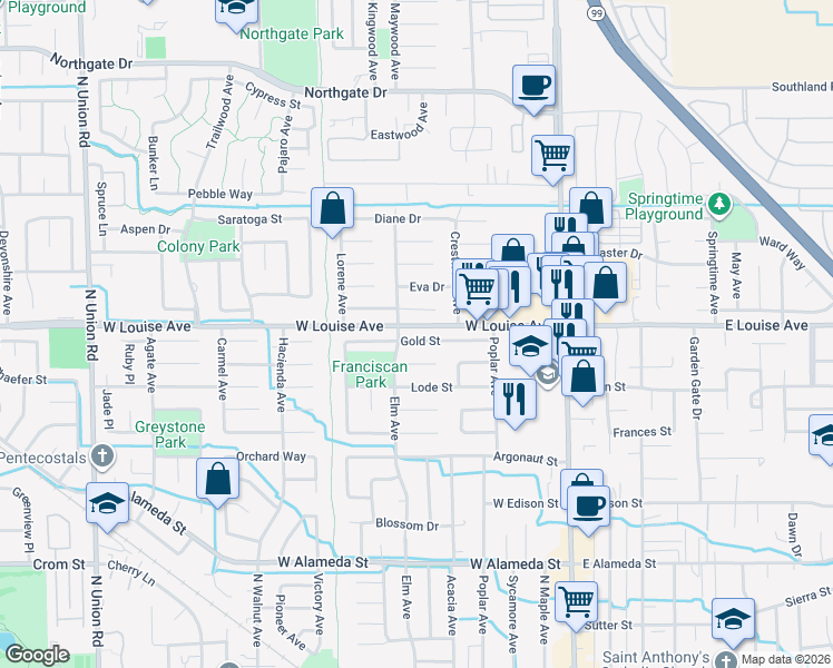 map of restaurants, bars, coffee shops, grocery stores, and more near 561 Gold Street in Manteca
