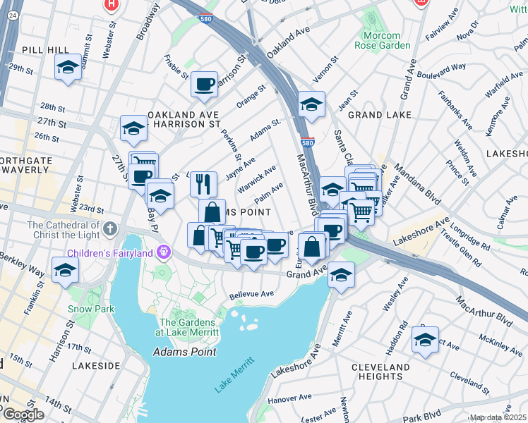 map of restaurants, bars, coffee shops, grocery stores, and more near in Oakland