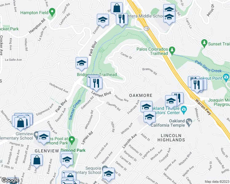 map of restaurants, bars, coffee shops, grocery stores, and more near 1707 Leimert Boulevard in Oakland