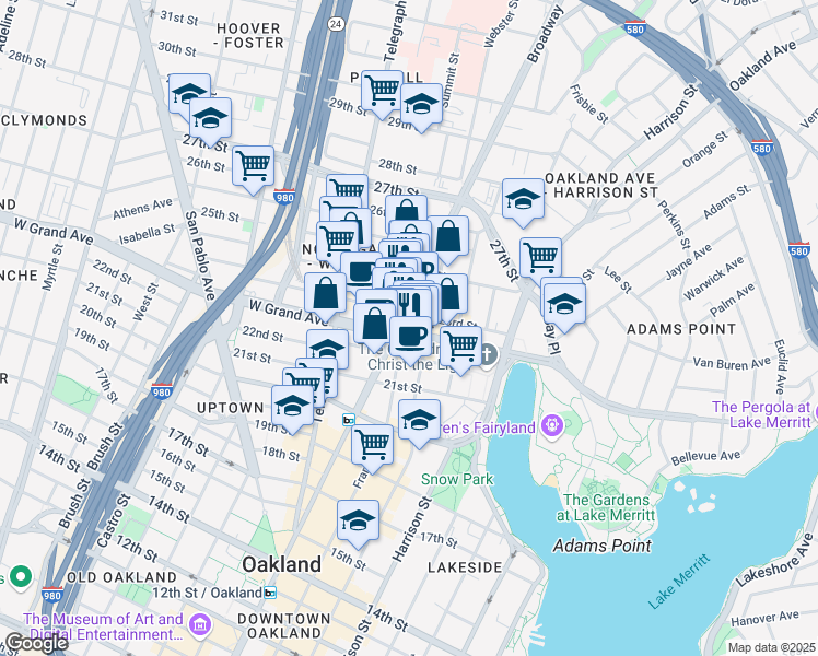 map of restaurants, bars, coffee shops, grocery stores, and more near 2295 Broadway in Oakland