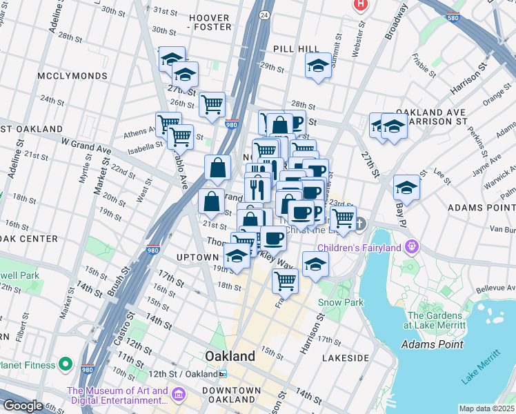 map of restaurants, bars, coffee shops, grocery stores, and more near 2225 Telegraph Avenue in Oakland