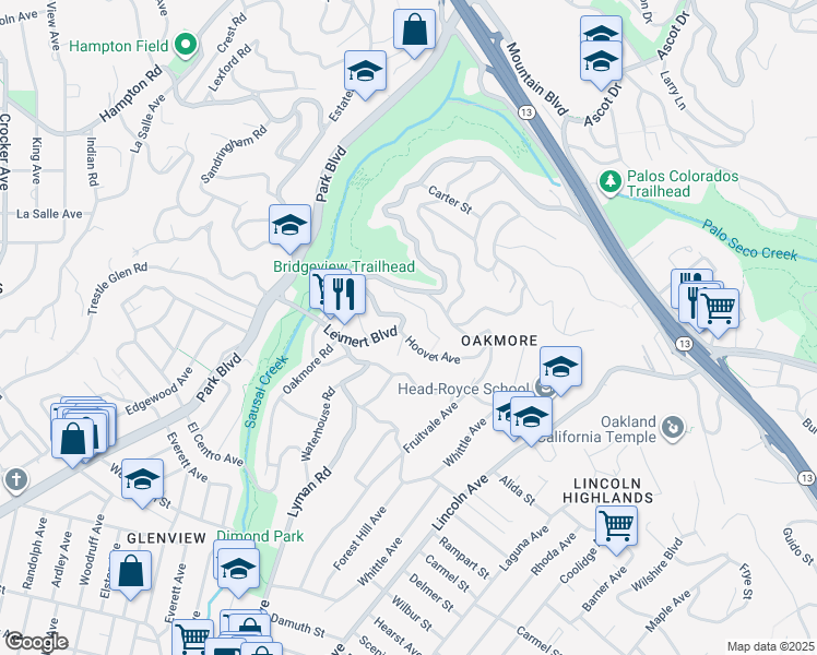 map of restaurants, bars, coffee shops, grocery stores, and more near 1727 Leimert Boulevard in Oakland