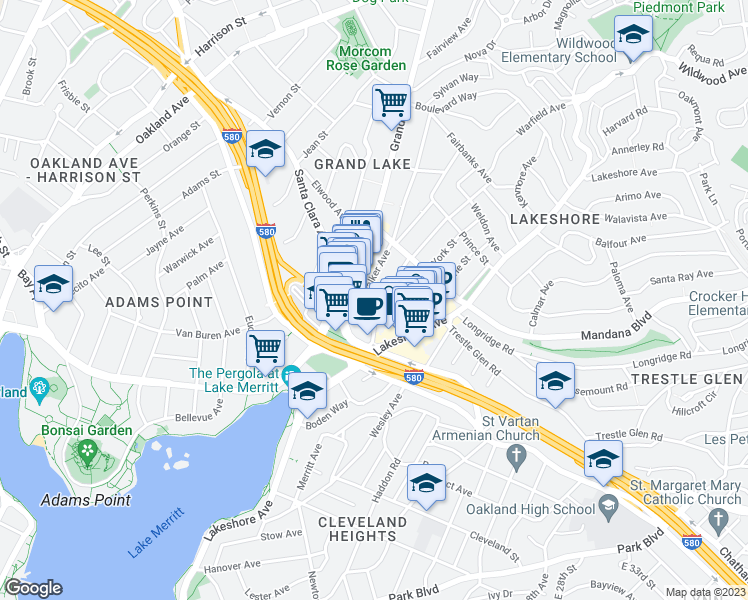 map of restaurants, bars, coffee shops, grocery stores, and more near 724 Warfield Avenue in Oakland