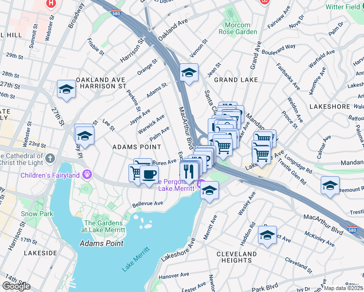 map of restaurants, bars, coffee shops, grocery stores, and more near 372 Euclid Avenue in Oakland