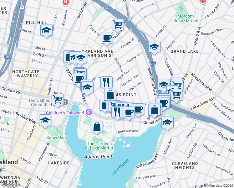 map of restaurants, bars, coffee shops, grocery stores, and more near in Oakland