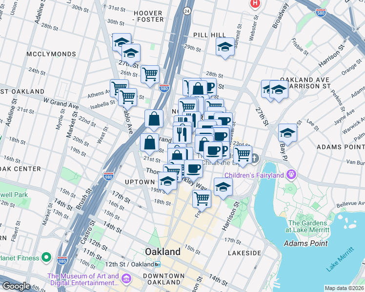 map of restaurants, bars, coffee shops, grocery stores, and more near in Oakland