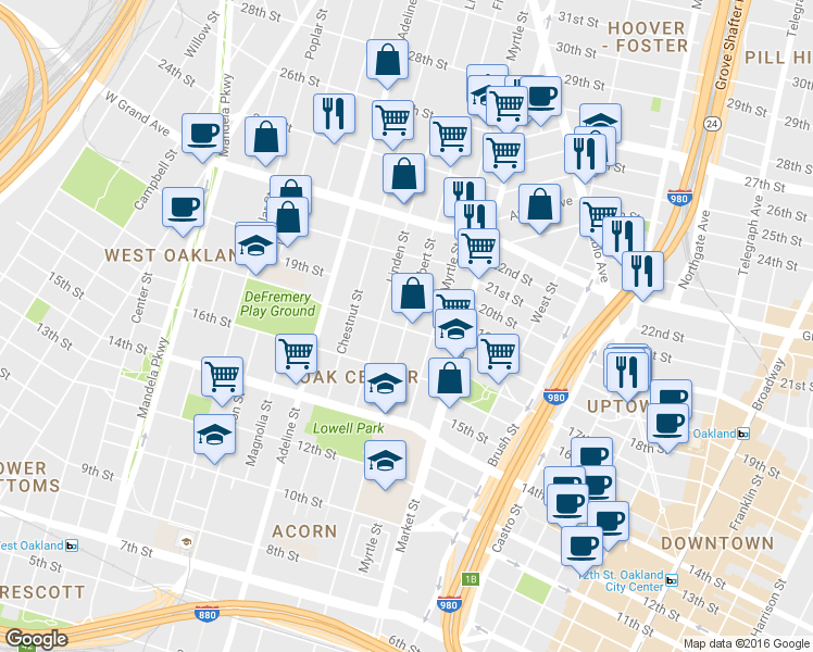 map of restaurants, bars, coffee shops, grocery stores, and more near 1818 Filbert Street in Oakland