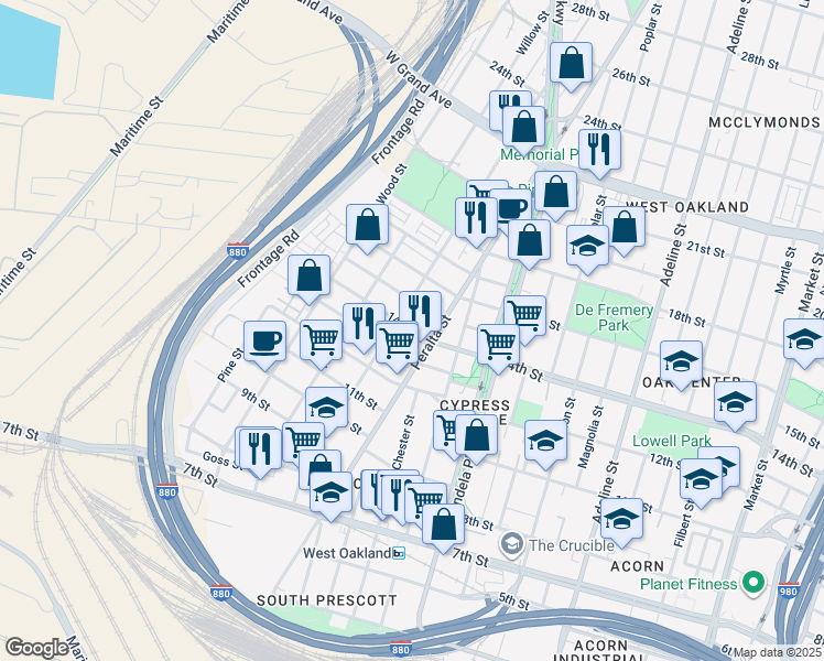 map of restaurants, bars, coffee shops, grocery stores, and more near 1644 14th Street in Oakland