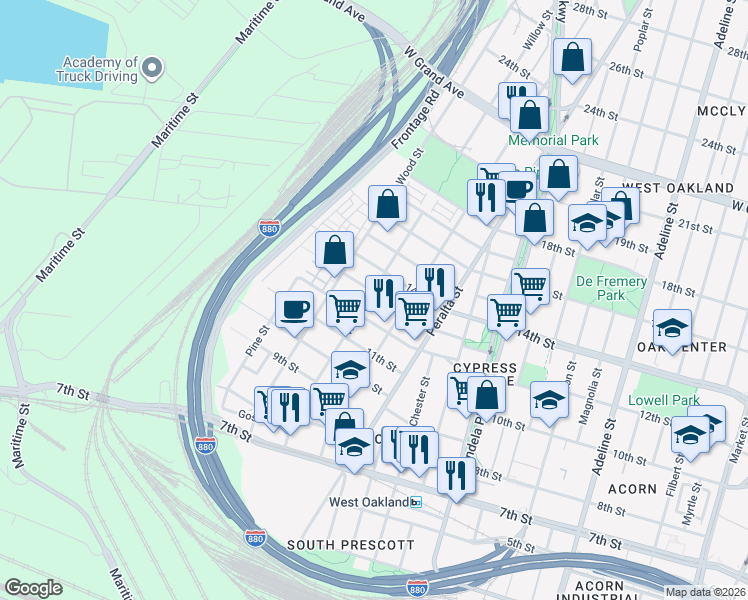 map of restaurants, bars, coffee shops, grocery stores, and more near 1365 Willow Street in Oakland