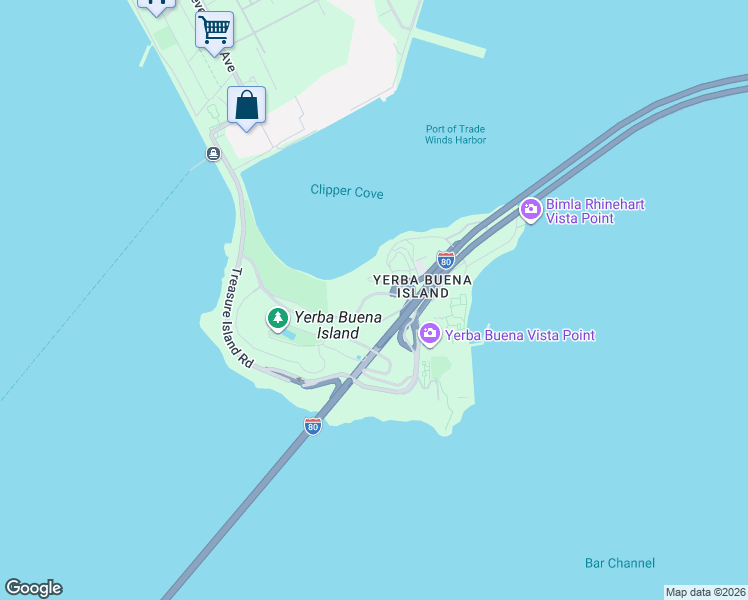 map of restaurants, bars, coffee shops, grocery stores, and more near Yerba Buena Island Sims Court in San Francisco