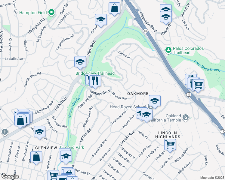 map of restaurants, bars, coffee shops, grocery stores, and more near 1727 Leimert Boulevard in Oakland