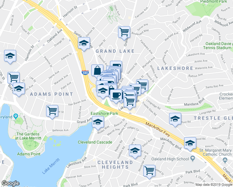 map of restaurants, bars, coffee shops, grocery stores, and more near 712 Walker Avenue in Oakland
