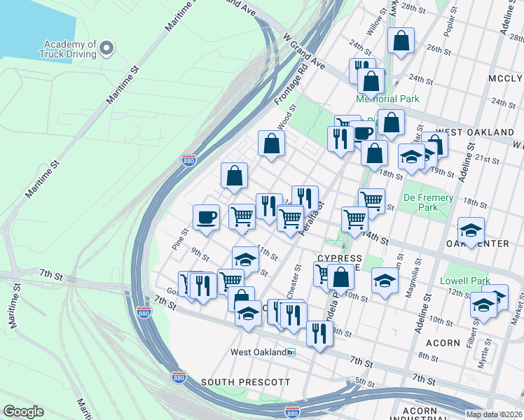 map of restaurants, bars, coffee shops, grocery stores, and more near 1365 Willow Street in Oakland