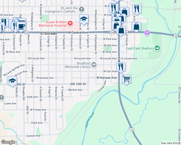 map of restaurants, bars, coffee shops, grocery stores, and more near 409 West Carr Avenue in El Dorado