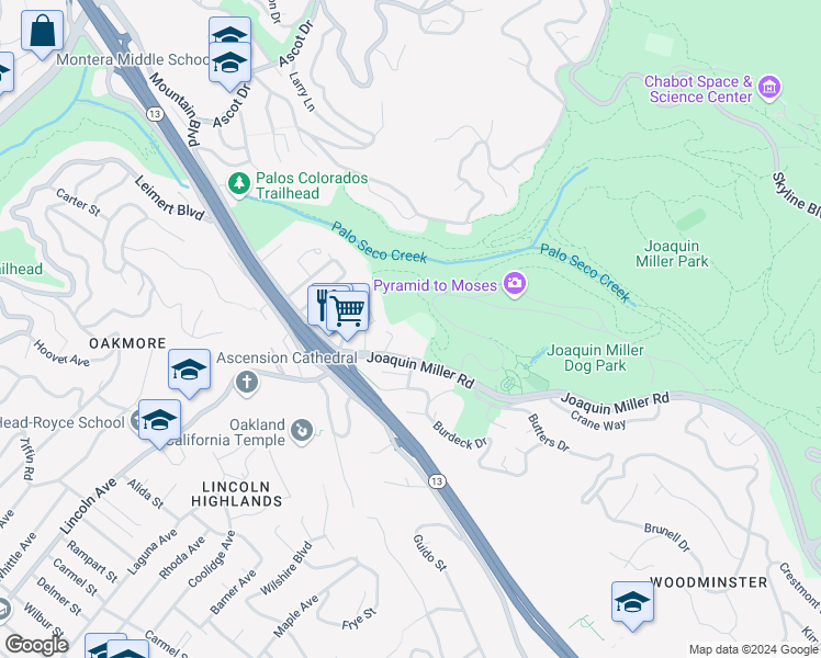 map of restaurants, bars, coffee shops, grocery stores, and more near 2976 Joaquin Miller Road in Oakland