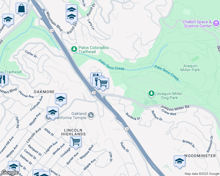map of restaurants, bars, coffee shops, grocery stores, and more near 5040 Pierpoint Avenue in Oakland