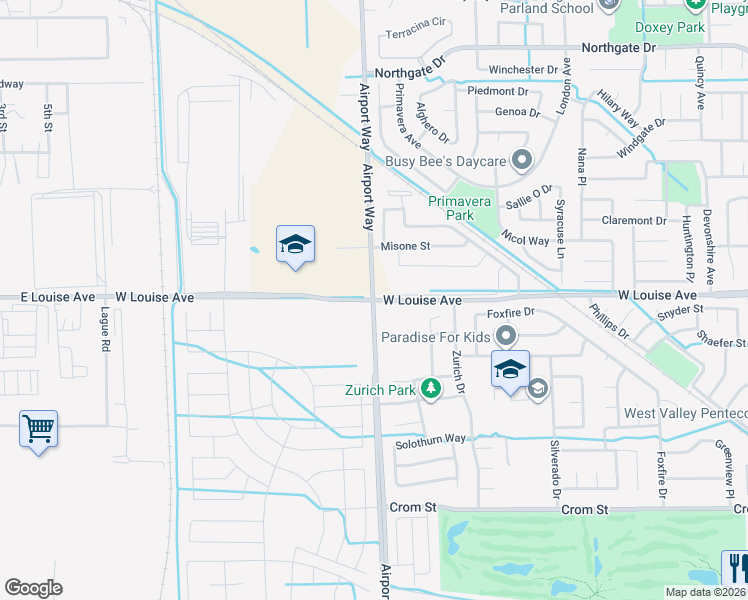 map of restaurants, bars, coffee shops, grocery stores, and more near 2271 West Louise Avenue in Manteca