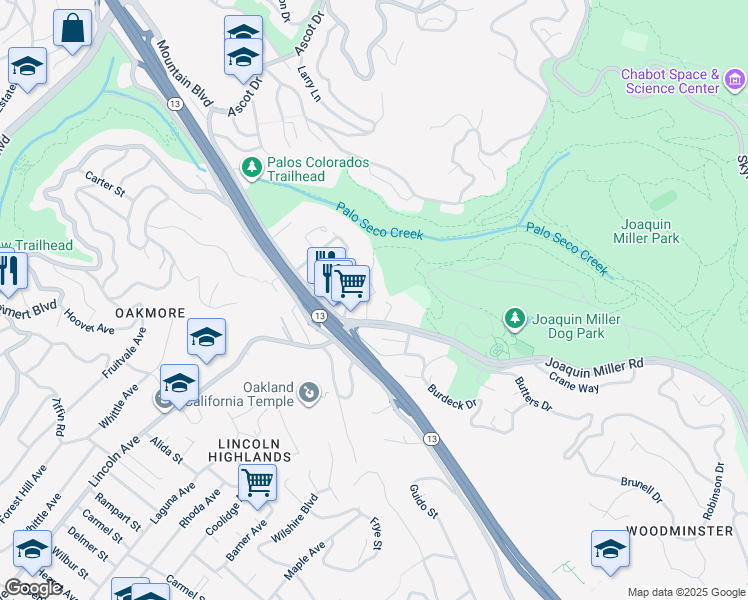 map of restaurants, bars, coffee shops, grocery stores, and more near 5040 Pierpoint Avenue in Oakland