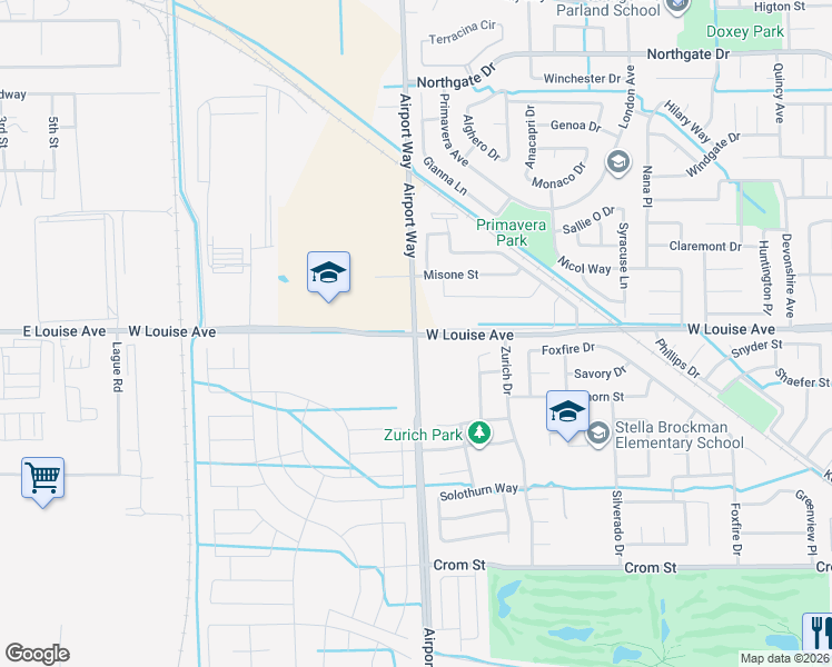 map of restaurants, bars, coffee shops, grocery stores, and more near 2271 West Louise Avenue in Manteca