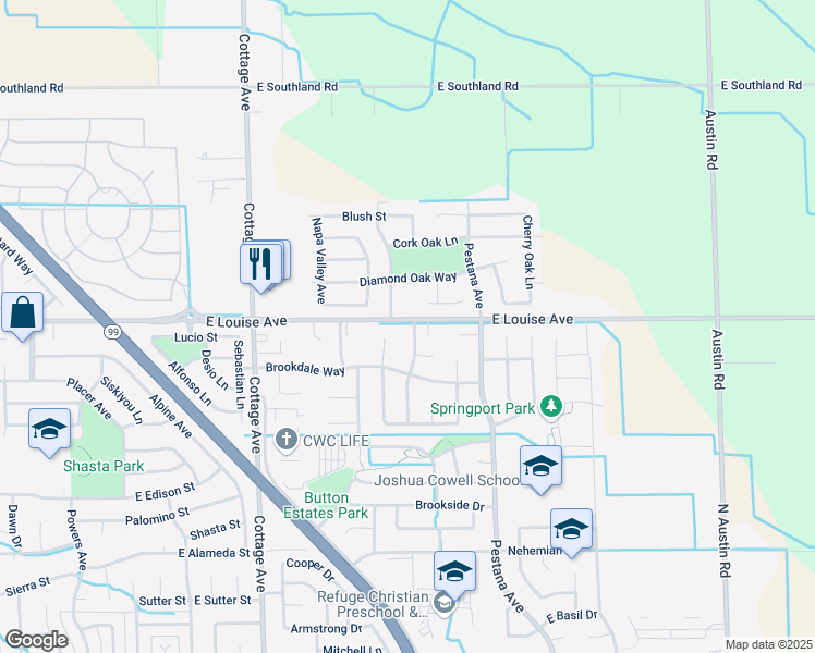 map of restaurants, bars, coffee shops, grocery stores, and more near 1087 Spring Meadow Drive in Manteca