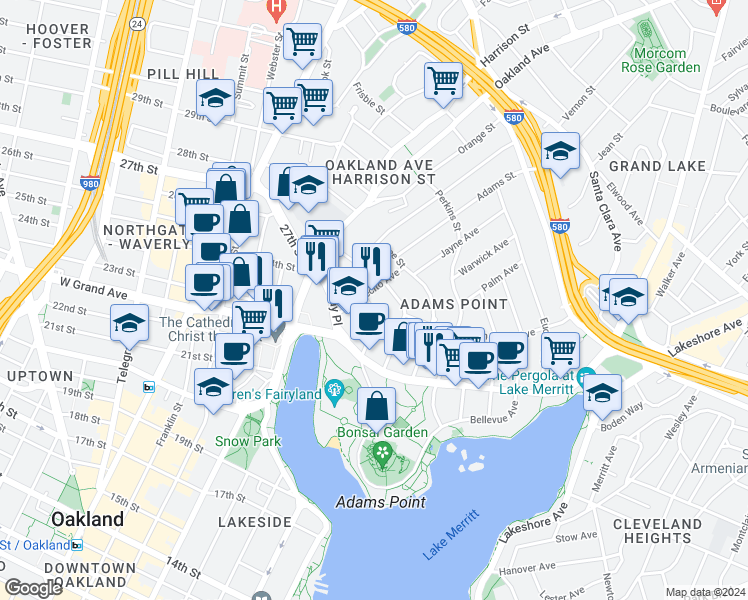 map of restaurants, bars, coffee shops, grocery stores, and more near 260 Park View Terrace in Oakland