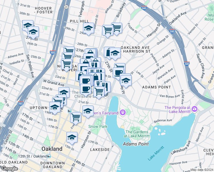 map of restaurants, bars, coffee shops, grocery stores, and more near 2306 Waverly Street in Oakland