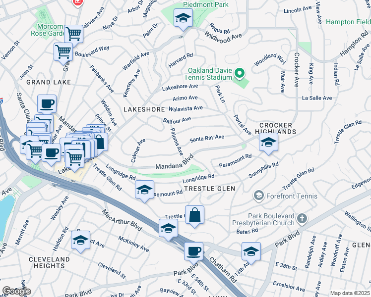 map of restaurants, bars, coffee shops, grocery stores, and more near 757 Santa Ray Avenue in Oakland