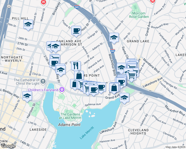 map of restaurants, bars, coffee shops, grocery stores, and more near 339 Palm Avenue in Oakland