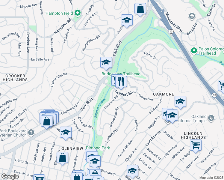 map of restaurants, bars, coffee shops, grocery stores, and more near 1434 Leimert Boulevard in Oakland