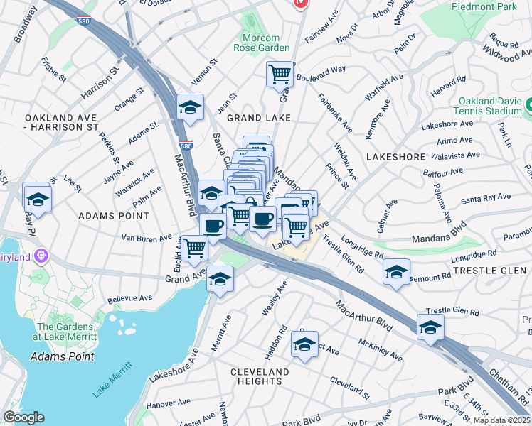 map of restaurants, bars, coffee shops, grocery stores, and more near 3242 Grand Avenue in Oakland