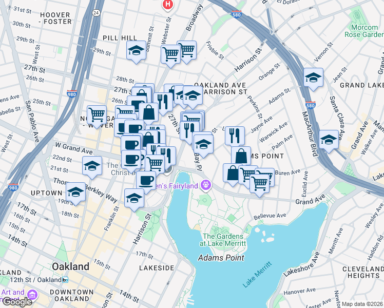 map of restaurants, bars, coffee shops, grocery stores, and more near 100 Bay Place in Oakland