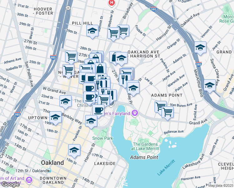 map of restaurants, bars, coffee shops, grocery stores, and more near 2333 Harrison Street in Oakland