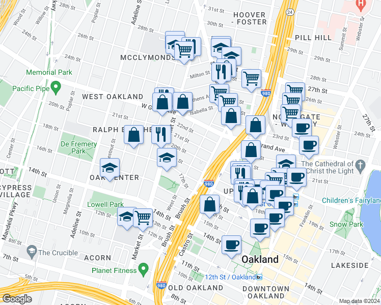 map of restaurants, bars, coffee shops, grocery stores, and more near 2017 West Street in Oakland