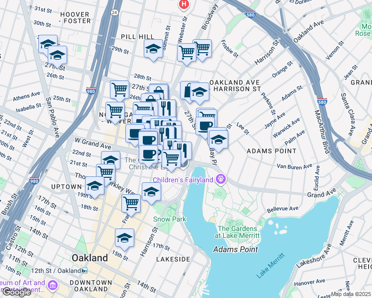 map of restaurants, bars, coffee shops, grocery stores, and more near 2306 Waverly Street in Oakland
