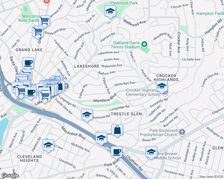 map of restaurants, bars, coffee shops, grocery stores, and more near 757 Santa Ray Avenue in Oakland
