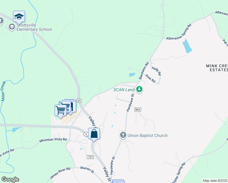 map of restaurants, bars, coffee shops, grocery stores, and more near 61 James River Road in Scottsville
