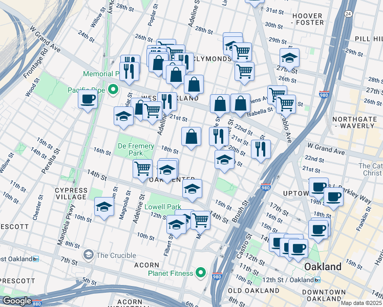 map of restaurants, bars, coffee shops, grocery stores, and more near 1000 18th Street in Oakland