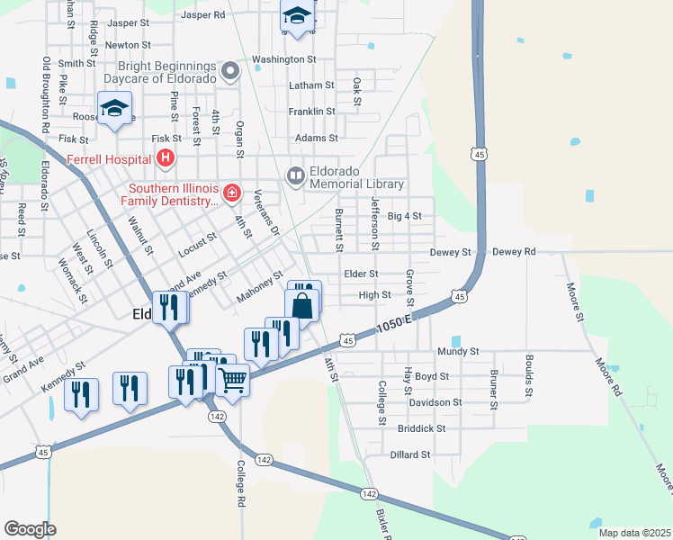 map of restaurants, bars, coffee shops, grocery stores, and more near 900 Elder Street in Eldorado