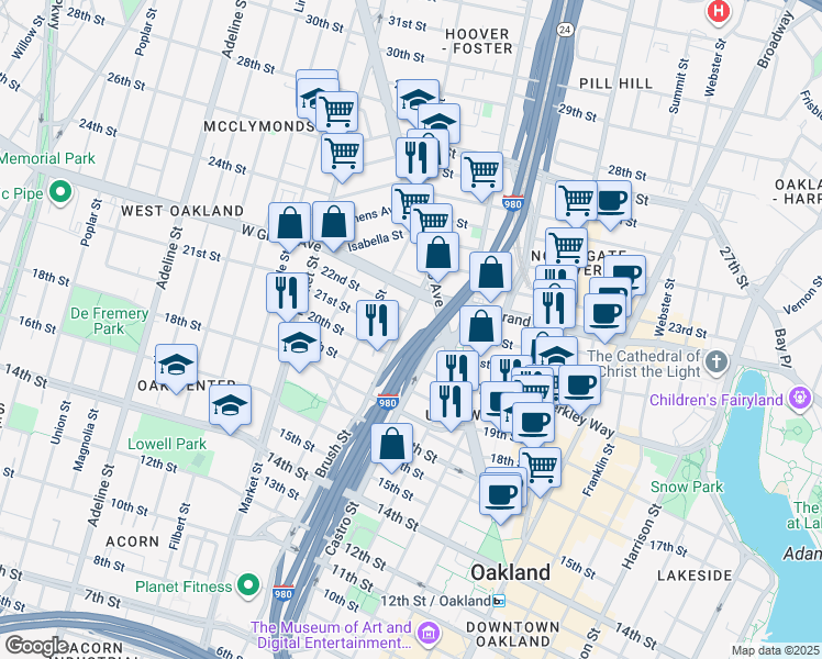 map of restaurants, bars, coffee shops, grocery stores, and more near 756 21st Street in Oakland