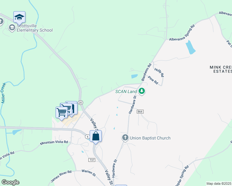 map of restaurants, bars, coffee shops, grocery stores, and more near 61 James River Road in Scottsville