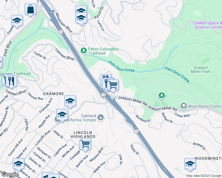 map of restaurants, bars, coffee shops, grocery stores, and more near 5050 Woodminster Lane in Oakland