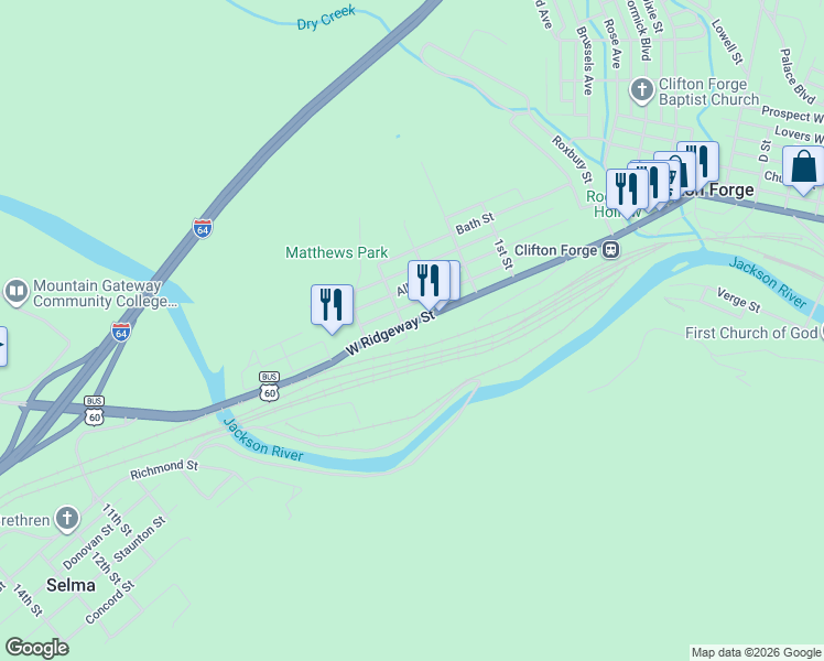 map of restaurants, bars, coffee shops, grocery stores, and more near 301-399 U.S. 60 Business in Clifton Forge