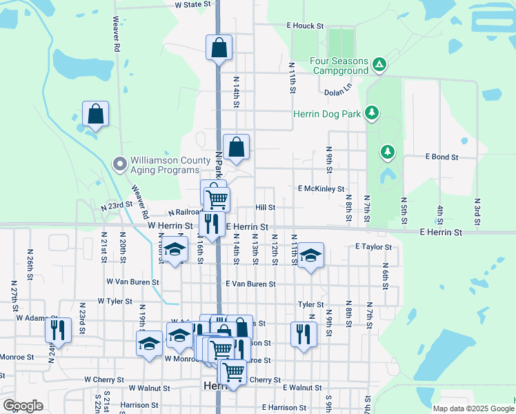 map of restaurants, bars, coffee shops, grocery stores, and more near Hill St in Herrin