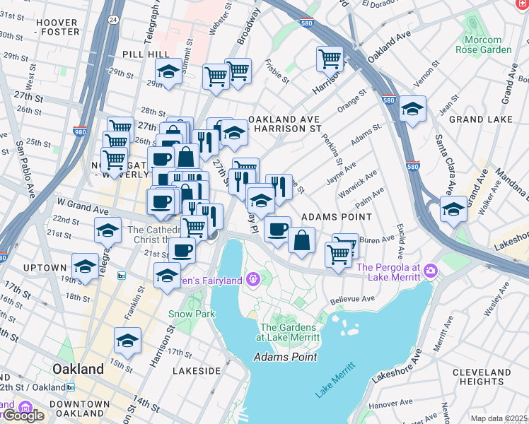 map of restaurants, bars, coffee shops, grocery stores, and more near 137 Montecito Avenue in Oakland