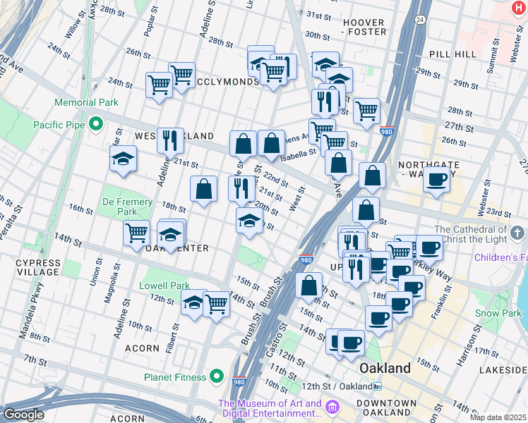 map of restaurants, bars, coffee shops, grocery stores, and more near 857 20th Street in Oakland