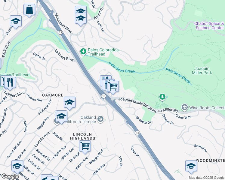 map of restaurants, bars, coffee shops, grocery stores, and more near 5050 Woodminster Lane in Oakland