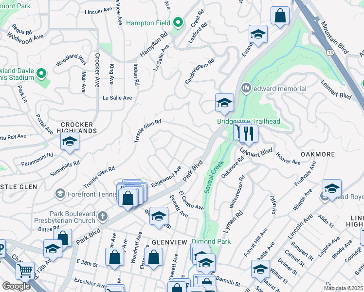 map of restaurants, bars, coffee shops, grocery stores, and more near 4730 El Centro Avenue in Oakland