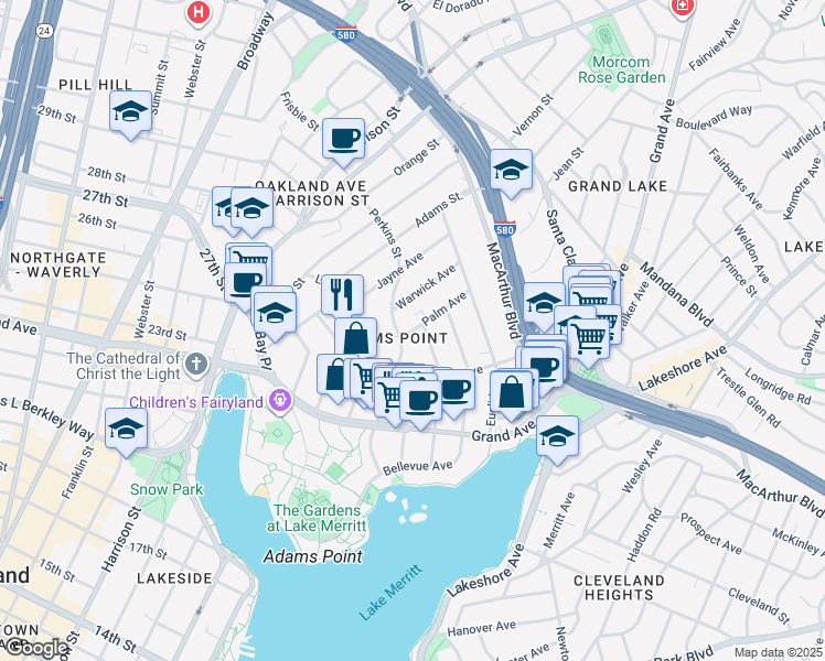 map of restaurants, bars, coffee shops, grocery stores, and more near 339 Palm Avenue in Oakland
