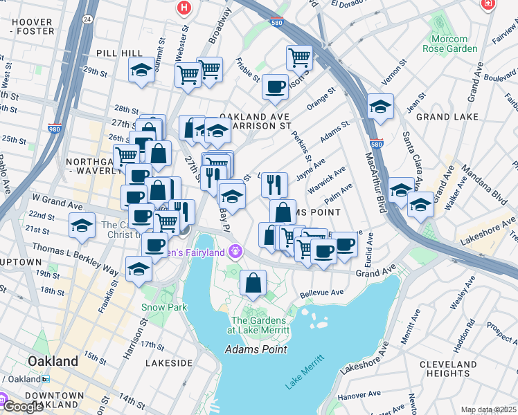 map of restaurants, bars, coffee shops, grocery stores, and more near 168 Montecito Avenue in Oakland