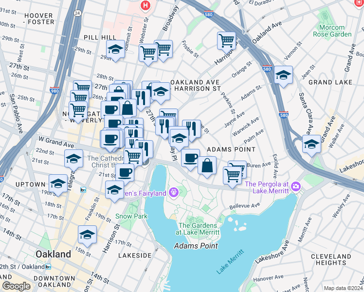 map of restaurants, bars, coffee shops, grocery stores, and more near 100 Bay Place in Oakland